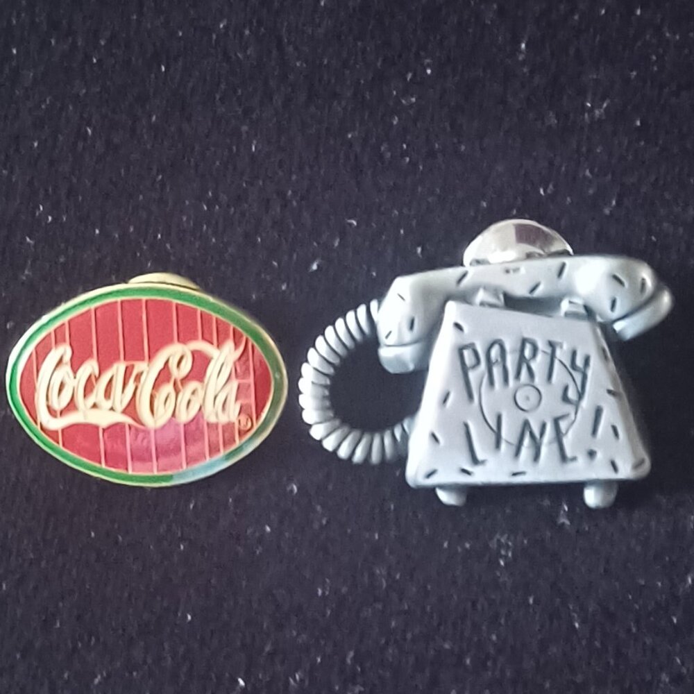 TWO NEAT LAPEL PINS - COCA COLA & VINTAGE PARTY LINE PHONE